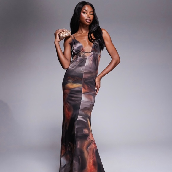 ASOS DESIGN mesh plunge neckline double strap maxi dress with sash - Picture 1 of 4